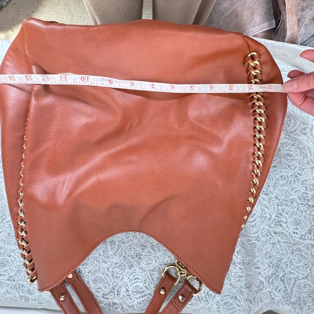 Bebe Colette Triple Entry Hobo Cognac Brown Shoulder Bag Chain Whlpstitch Slouch